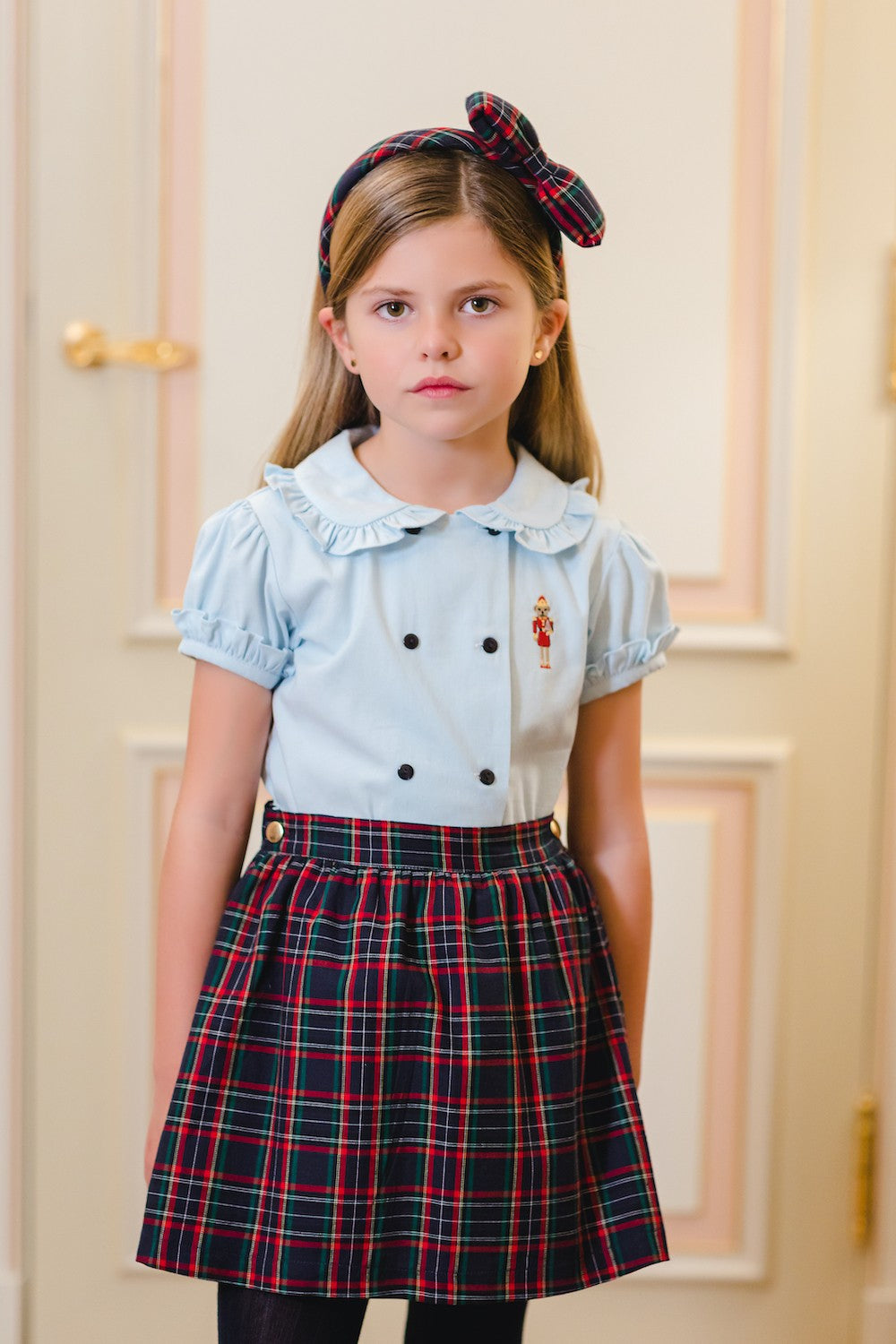 Sal & Pimenta Girls Skirt Set - Blue Nutcracker Bear Top with Plaid Skirt - Bow on Back!