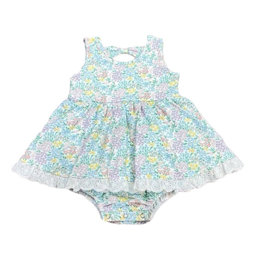 Swoon Baby Girls Green Floral Eyelet Bow Bubble Dress