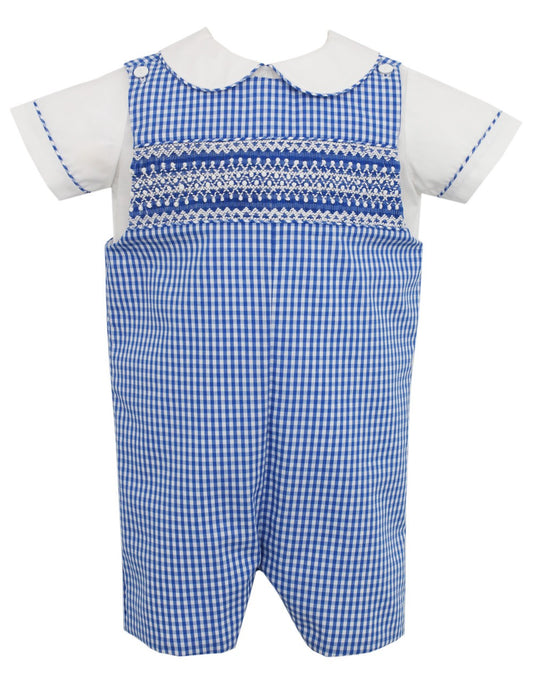 Anavini Couture Boys Royal Blue Gingham Smocked Shortall with Shirt