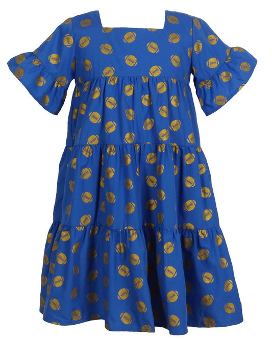 Yellow Lamb Girls Game Day Tiered Dress - Gold Footballs - Kentucky Blue