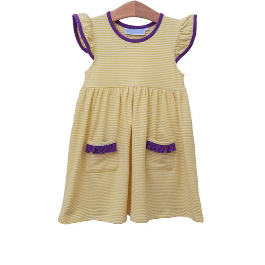 Trotter Street Kids Girls Lucy Game Day Dress - Yellow Stripe - Purple Trim - LSU Tigers
