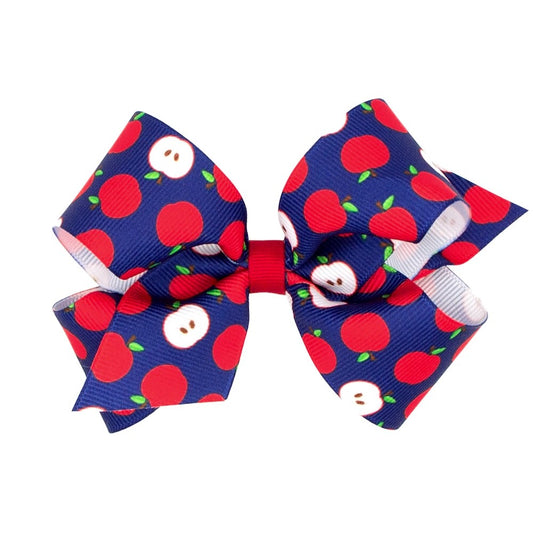 Wee Ones Girls Hair Bow on Clip - Back to School - Apples on Navy Blue