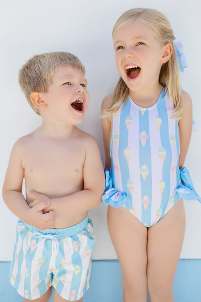 Sal & Pimenta Girls Swimsuit - Blue Stripe Gelato Ice Creams - Blue Bows on Hips