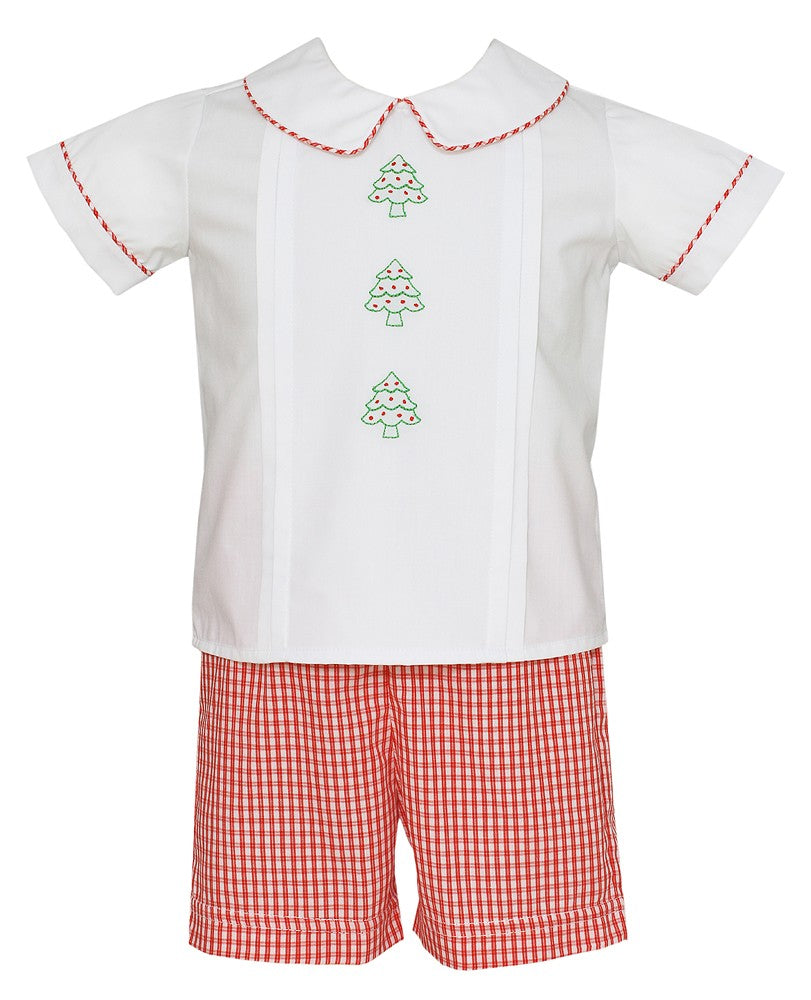 Claire & Charlie Baby / Toddler Boys Red Check Embroidered Christmas Trees Short Set