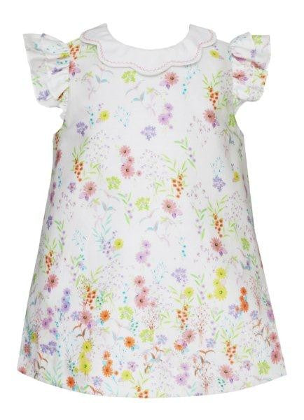 Anavini Couture Baby / Toddler Girls Spring Floral Satin Cotton Dress - Scallop Collar