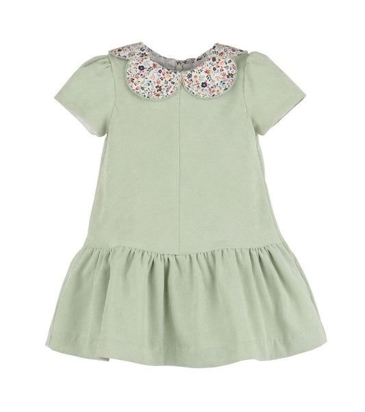 Luli & Me Girls Majestic Petals Drop Waist Dress - Green Cord with Floral Collar