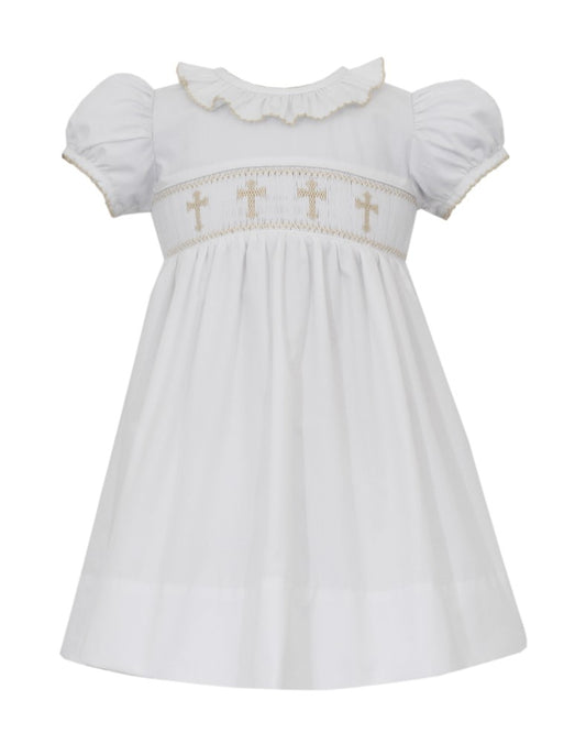 Petit Bebe Girls White Poplin Dress - Smocked Crosses - Ruffle Neck