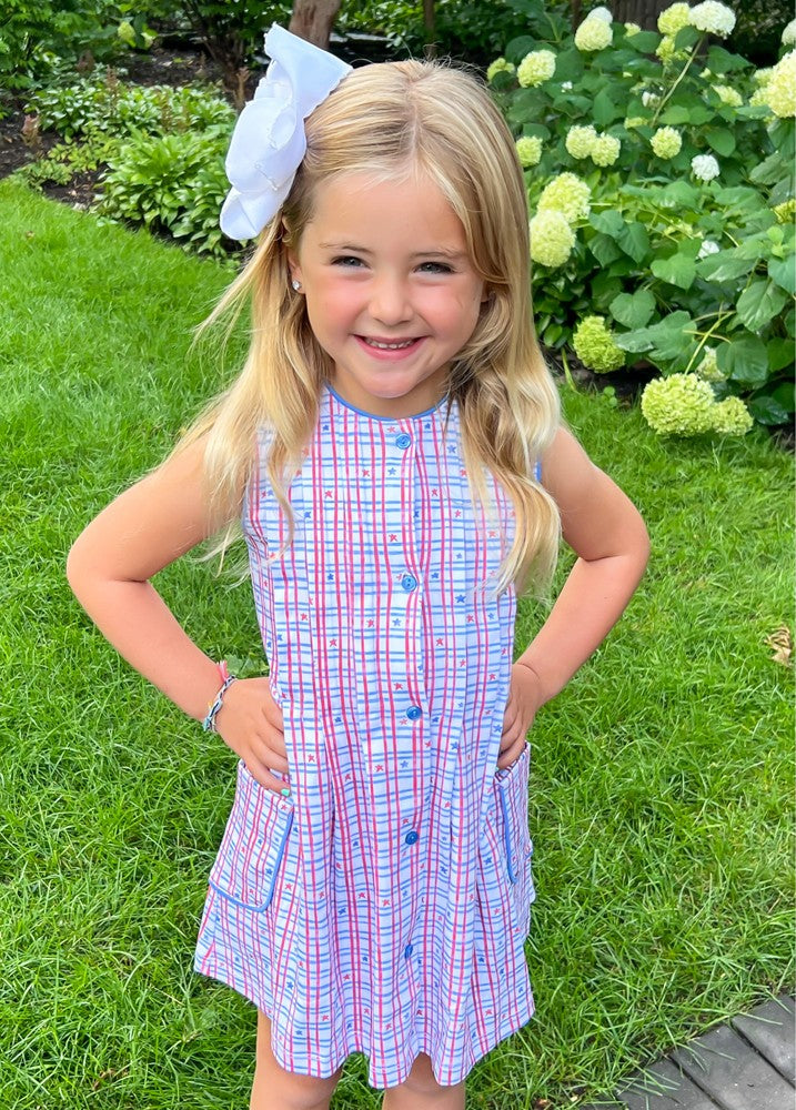 James & Lottie Girls Reagan Pocket Dress - Patriotic Stars Print