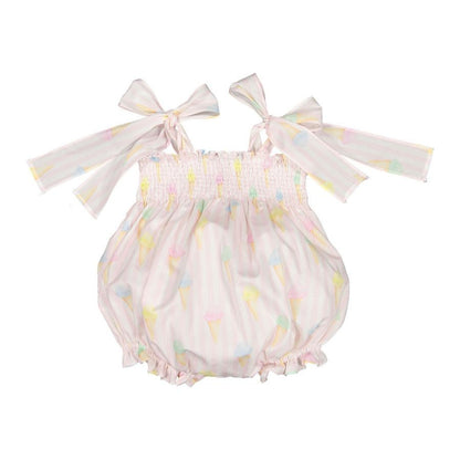 Sal & Pimenta Girls Pink Ice Creams Smocked Bubble - Ties at Shoulders