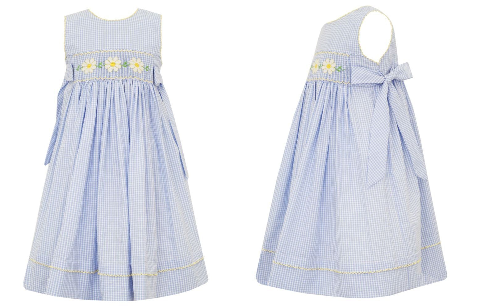 Anavini Girls Blue Check Seersucker Smocked Daisy Dress - Side Bows