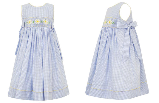 Anavini Girls Blue Check Seersucker Smocked Daisy Dress - Side Bows