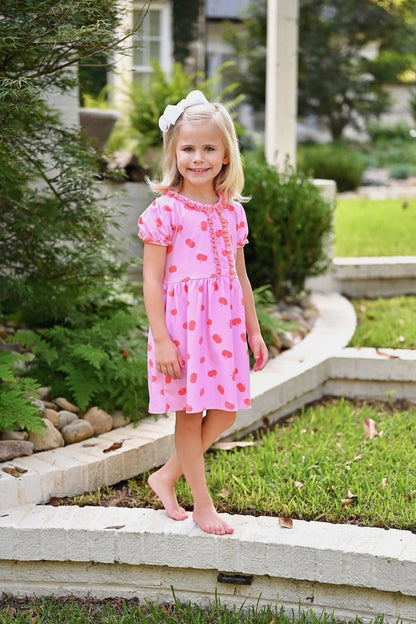 James & Lottie Girls Annie Knit Dress - Pink Pumpkin Print