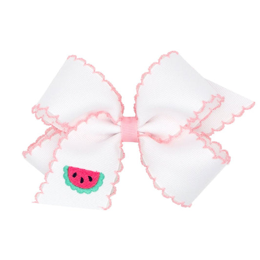 Wee Ones Girls Hair Bow - White with Light Pink Moonstitch - Embroidered Pink Watermelon