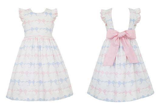 Anavini Couture Girls Pink & Blue Fancy Bows Print Dress - Pink Bow on Back