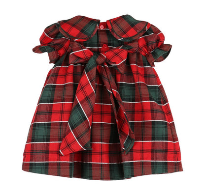 Sophie & Lucas Girls Red & Green Tartan Tidings Holiday Plaid Petal Collar Dress - Bow in Back