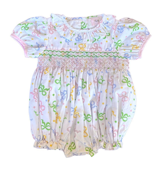 Shop Teeta Girls Pastel Party Bows Print Smocked Bubble - Puffy Sleeves