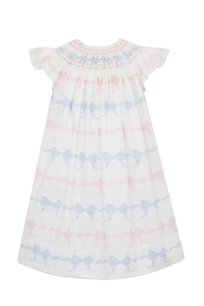 Anavini Couture Girls Pink & Blue Fancy Bows Print Smocked Dress - Bishop