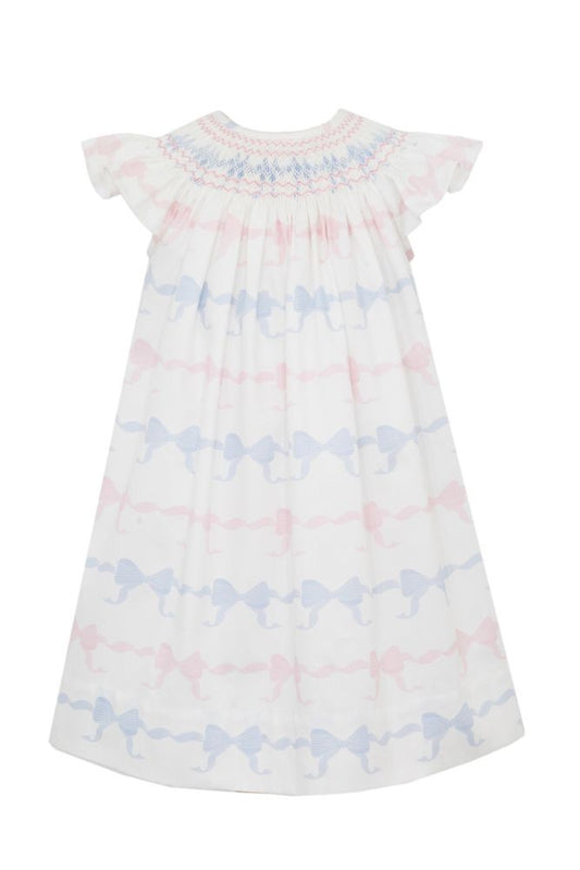 Anavini Couture Girls Pink & Blue Fancy Bows Print Smocked Dress - Bishop