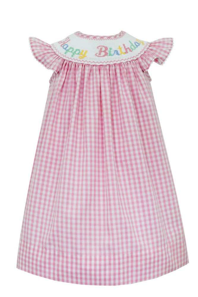 Anavini Baby Girls Pink GIngham Smocked Happy Birthday Dress - Bishop