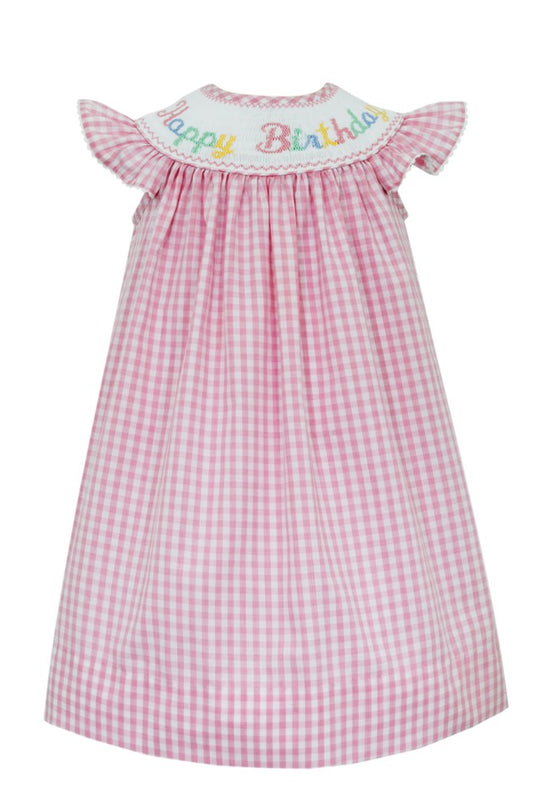 Anavini Baby Girls Pink GIngham Smocked Happy Birthday Dress - Bishop