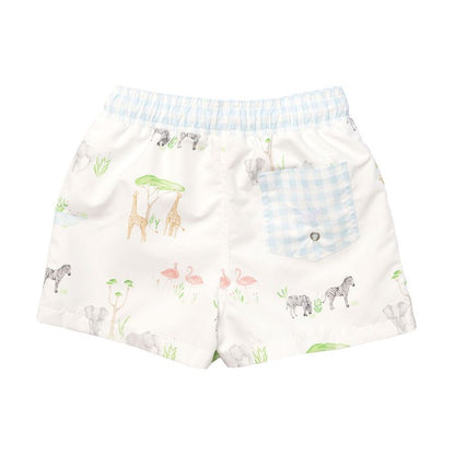 Sal & Pimenta Boys Swim Trunks - Blue Gingham Pocket on Back - Safari Animals