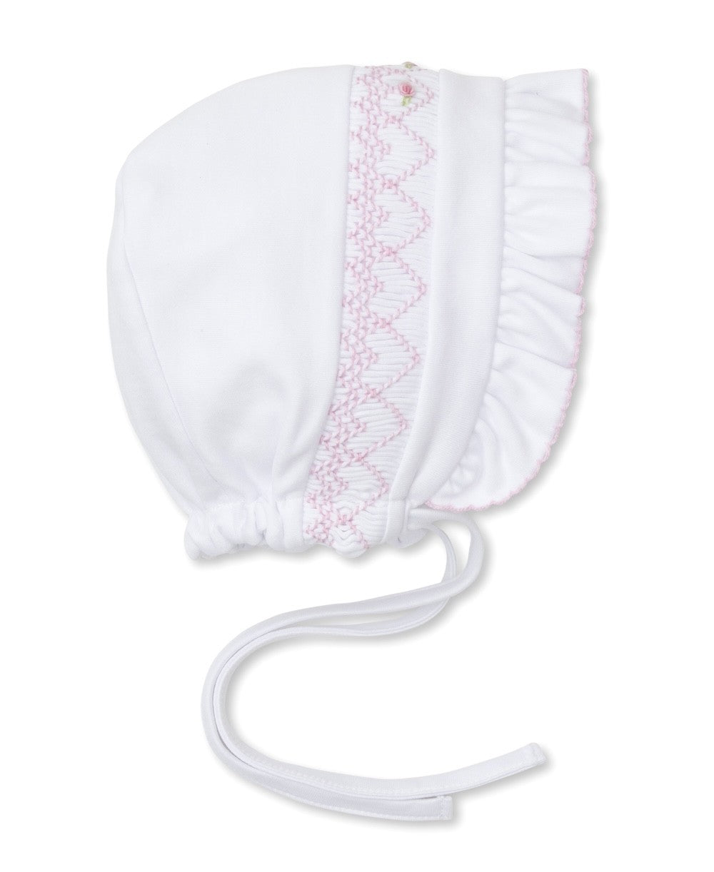 Kissy Kissy Baby Girls Hand Smocked Bonnet Hat - White with Pink Smocking