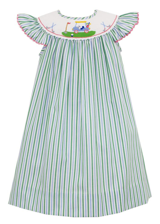 Anavini Girls Green & Blue Stripe Bishop Dress - Smocked Golf Theme