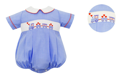 Anavini Baby Boys Blue Gingham Smocked Valentine Hearts Train Bubble - White Collar