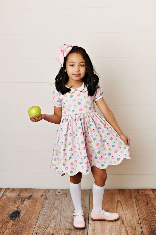 Swoon Baby Girls Pink / Pastel Apples Proper Scallop School Dress