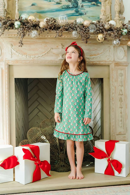Lila & Hayes Girls Carlin Nightgown - Green Santa's Helper Elf