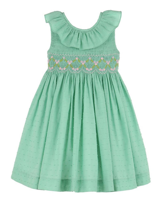 Luli & Me Girls Classic Dotted Swiss Sleeveless Smocked Dress - Ruffle Neck - Aqua by Luli & Me