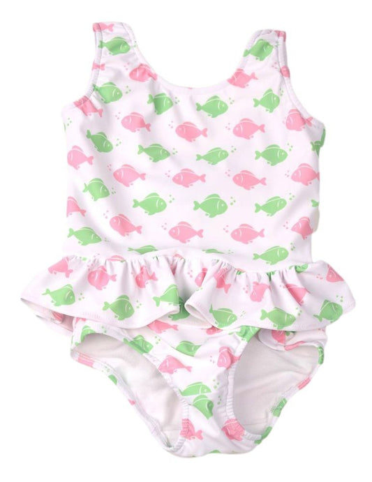 Funtasia Too Girls Ruffle Swimsuit - Pink & Green Fish Print