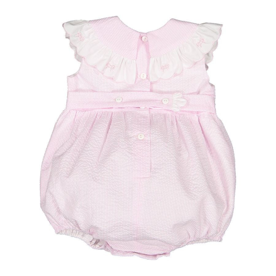 Sal & Pimenta Girls Pink Seersucker Bubble - Scallop Collar with Embroidered Bows