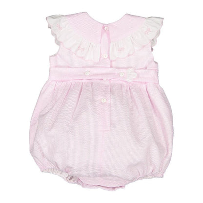 Sal & Pimenta Girls Pink Seersucker Bubble - Scallop Collar with Embroidered Bows