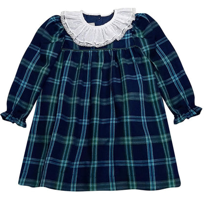 Marco & Lizzy Girls Blue / Green Blackwatch Plaid Float Dress - Lace Collar