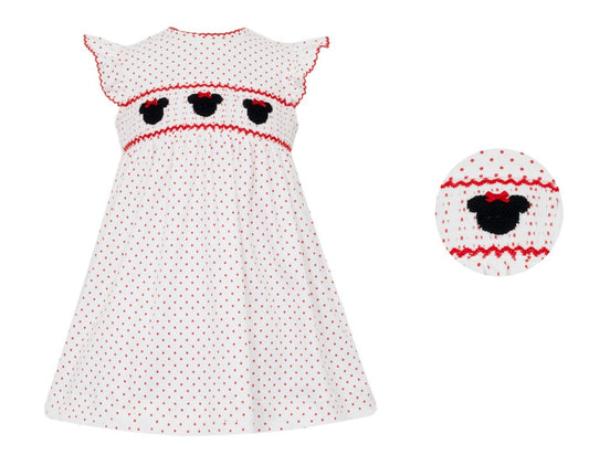 Petit Bebe Knits Girls Smocked Minnie Mouse Red and White Polka Dot Dress - Ruffle Sleeves