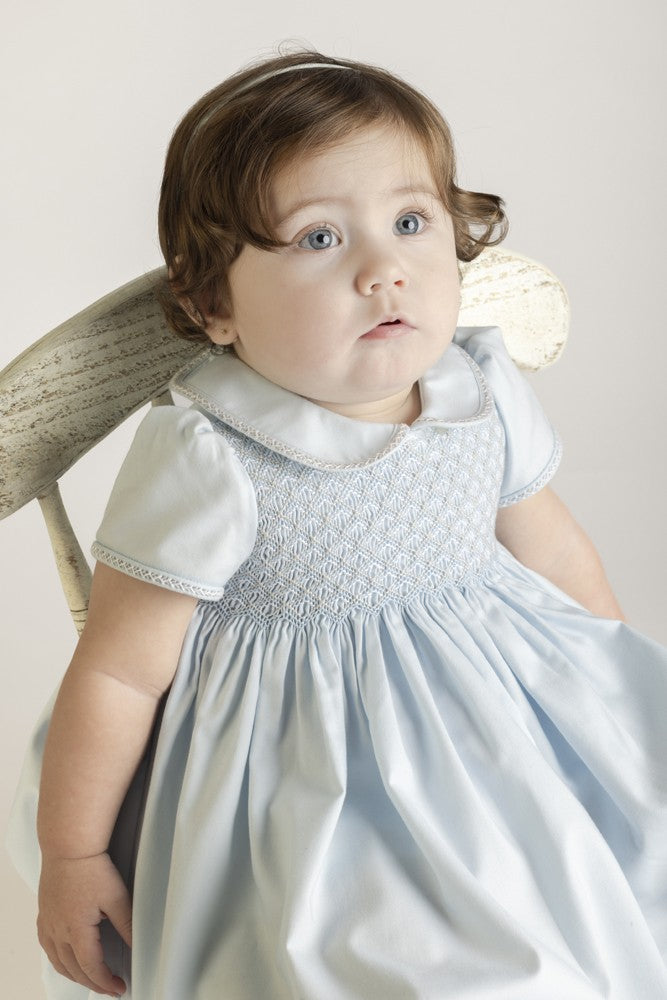 Luli & Me Girls Blue Dress - Fully Smocked Bodice - Peter Pan Collar