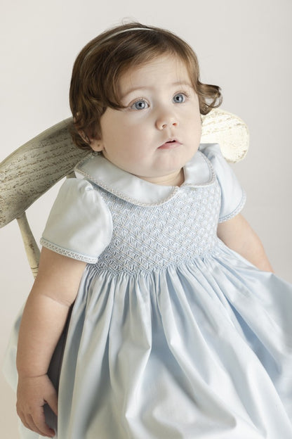 Luli & Me Girls Blue Dress - Fully Smocked Bodice - Peter Pan Collar