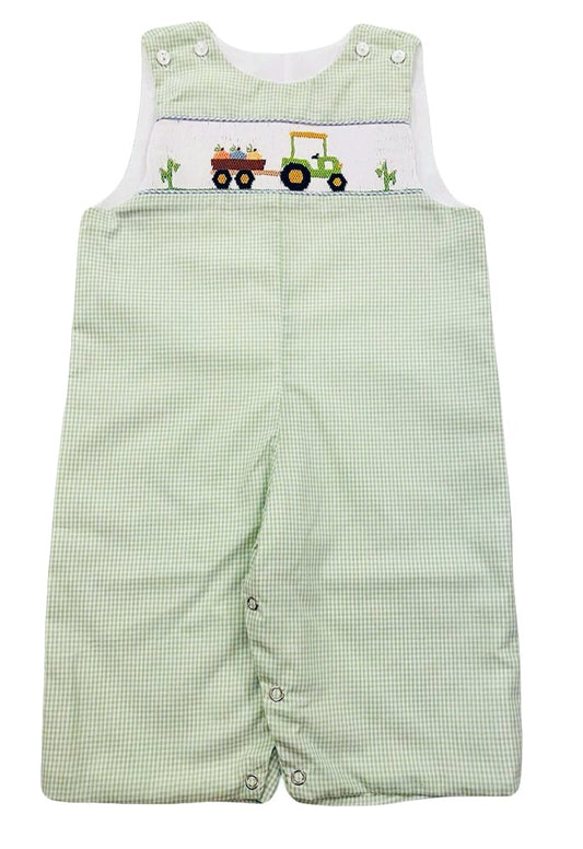 The Best Dressed Child Baby / Toddler Boys Green Gingham Smocked Pumpkin Truck Longall