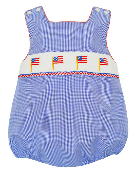 Petit Bebe Baby Boys Royal Blue Check Smocked Flags Bubble