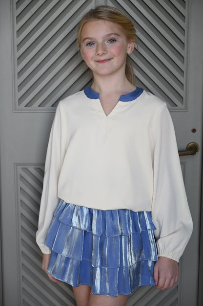 pleat Collection Girls Milly Top - Cream with Blue Trim