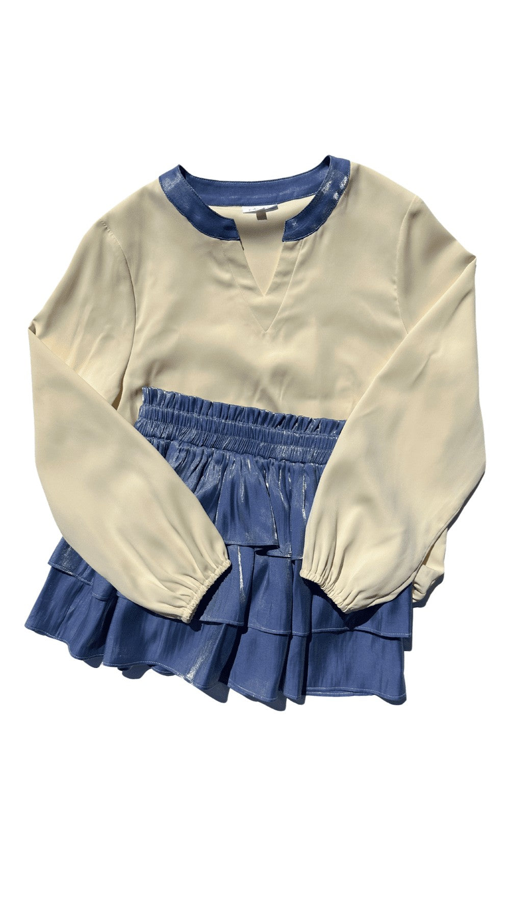 pleat Collection Girls Milly Top - Cream with Blue Trim