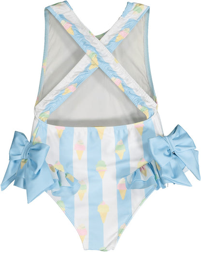 Sal & Pimenta Girls Swimsuit - Blue Stripe Gelato Ice Creams - Blue Bows on Hips
