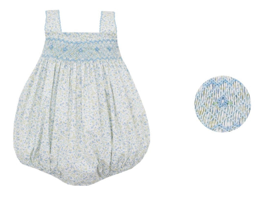 Petit Bebe Baby Girls Blue Floral Smocked Sun Bubble