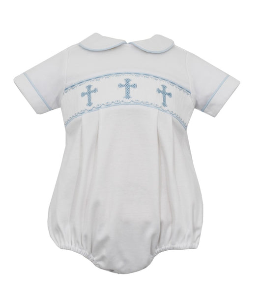 Petit Bebe Knits Baby Boys White Bubble - Smocked Blue Crosses by Petit Bebe
