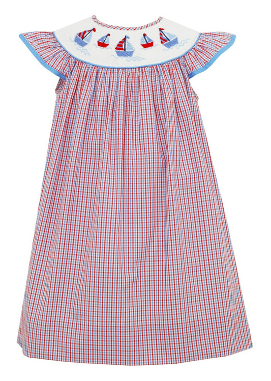 Anavini Baby / Toddler Girls Red / Blue Plaid Smocked Sailboats Bishop Dress