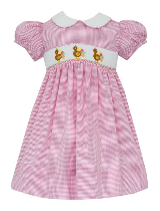Petit Bebe Girls Pink Check Smocked Thanksgiving Turkeys Dress with Collar