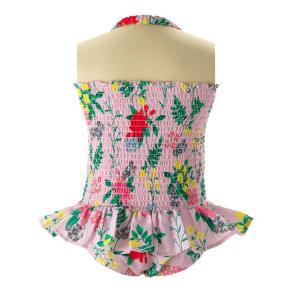 Rachel Riley London Girls Pink Botanical Floral Ruched Ruffle Swimsuit