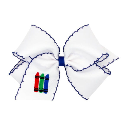 Wee Ones Girls Hair Bow - Embroidery Crayons - White with Navy Blue Moonstitch