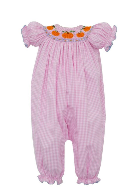 Anavini Baby Girls Pink Gingham Smocked Pumpkin Patch Romper